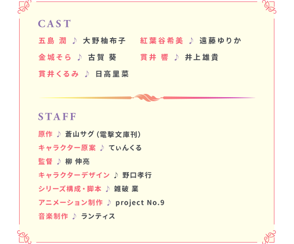 【CAST】五島 潤♪大野柚布子、紅葉谷希美♪遠藤ゆりか、金城そら♪古賀 葵、貫井 響♪井上雄貴、貫井くるみ♪日高里菜　【STAFF】原作♪蒼山サグ（電撃文庫刊）、キャラクター原案♪てぃんくる、監督♪柳 伸亮、キャラクターデザイン♪野口孝行、シリーズ構成・脚本♪雑破 業、アニメーション制作♪project No.9、音楽制作♪ランティス